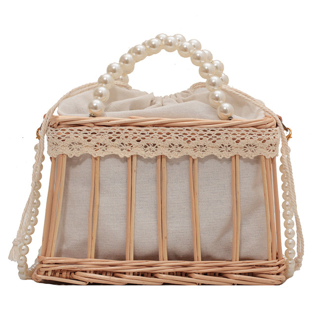 Seaside Vegetable Basket Small Bag Female 2023 New Summer Straw Pearl Messenger Bag Woven Rattan Handbag