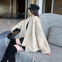 2022 new Japanese mink imported mink fur coat womens whole mink mid-length V-neck mink fur coat young style