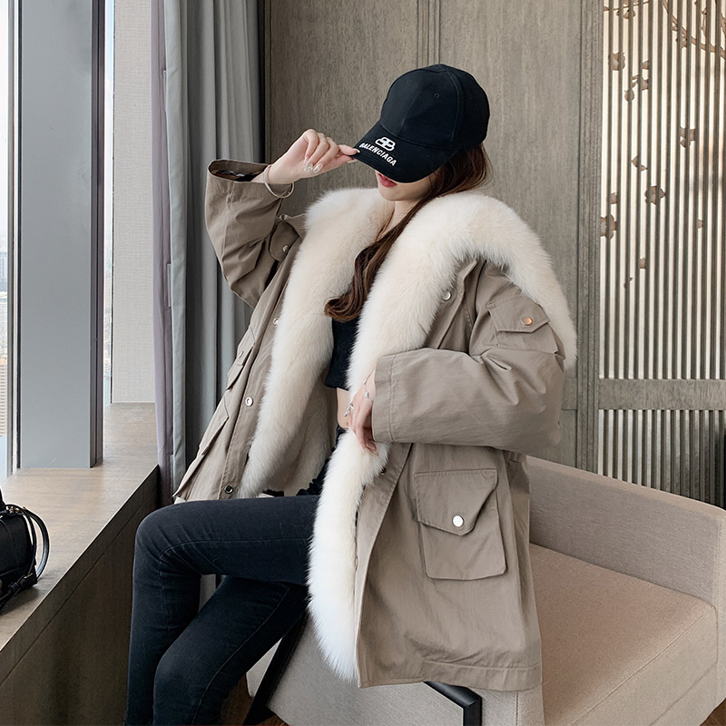 2022 Winter New Rex Rabbit Fur Liner Women's Detachable Fur Fox Fur Large Fur Collar Mid-length Pie Overcoat