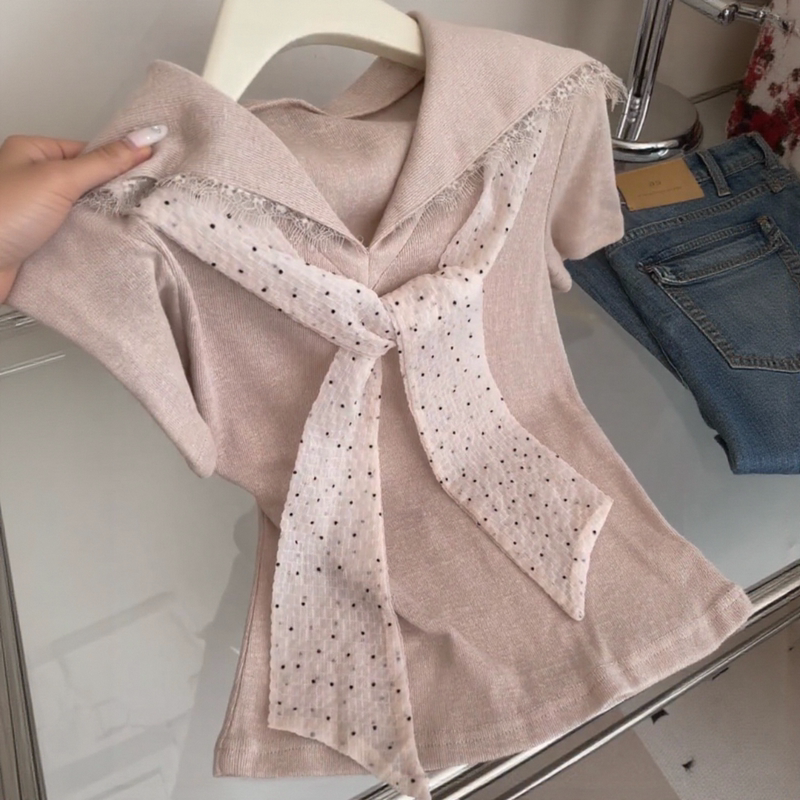 Korean Style Lazy and Sweet Navy Collar Short-Sleeved Shirt for Women, New Summer Design with Lace Trim and Patchwork Top Korean Style Lazy and Sweet Navy Collar Short-Sleeved Shirt for Women, New Summer Design with Lace Trim and Patchwork Top