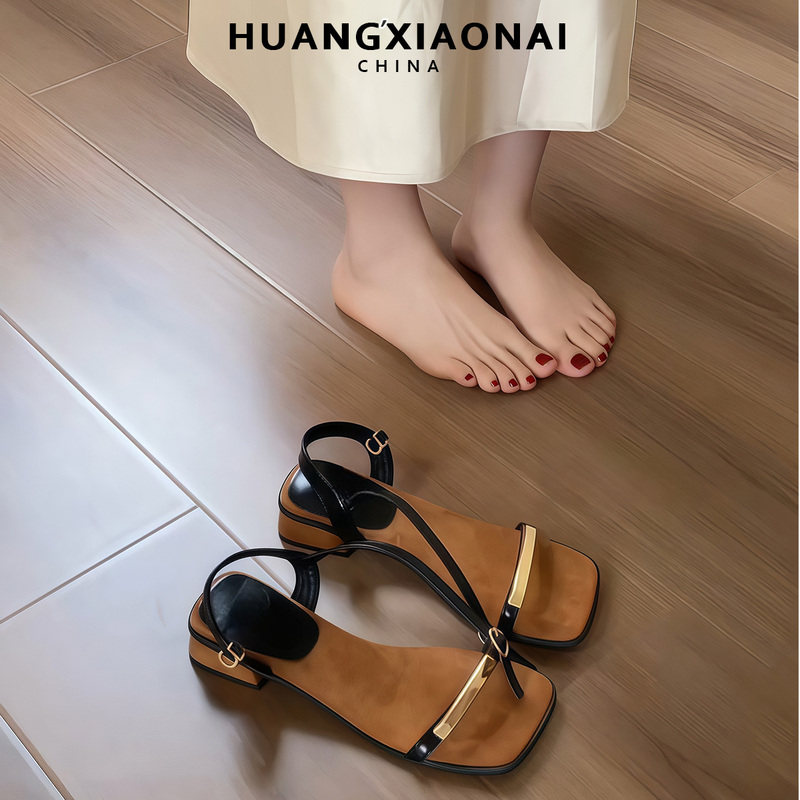 Sheepskin Version~ French-Style Metal Sandals for Women 2025 New Versatile Chunky Heel Open-Toe High-Heeled Sandals for Women to Pair with Skirts