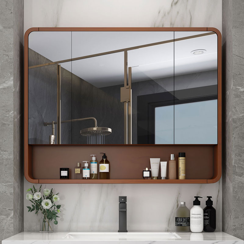Solid wood bathroom mirror cabinet Wall-mounted bathroom mirror box with shelf Simple mirror separate storage storage cabinet