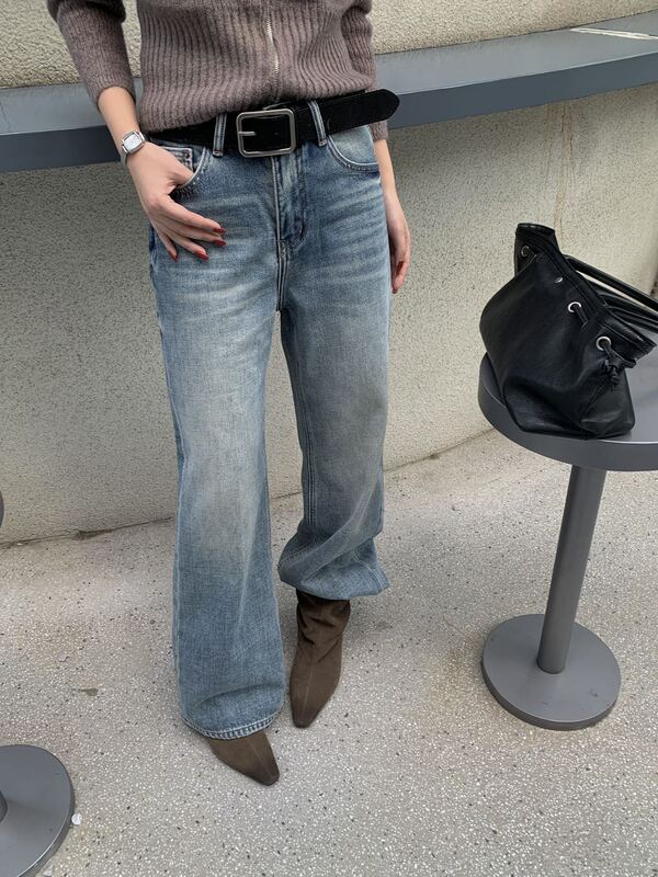 The.Ms Korean Style Fleece-Lined Straight-Leg Jeans for Women 2026 Autumn and Winter High-Waisted Non-Elastic Slimming Floor-Length Pants Z9023