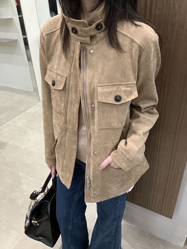 Bluepops Korean Style High-End Loose Workwear Suede Jacket for Women 2026 Autum New Stand-Up Collar Jacket Top Bluepops Korean Style High-End Loose Workwear Suede Jacket for Women 2026 Autum New Stand-Up Collar Jacket Top
