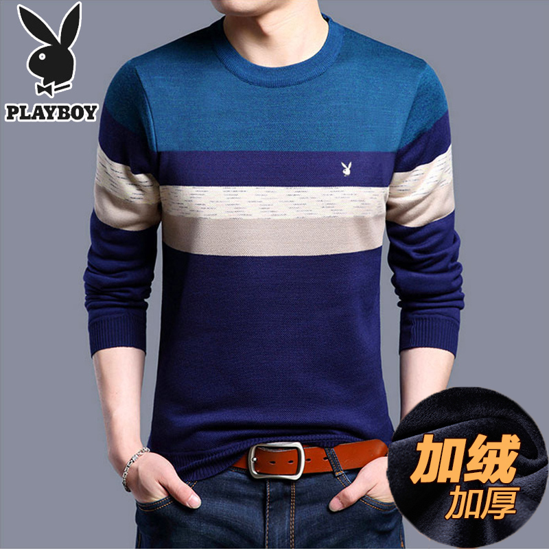 Playboy mùa thu và mùa đông nam áo len len dài tay cộng với áo len nhung dày XL áo len mùa thu nam quân áo nam hàng hiệu