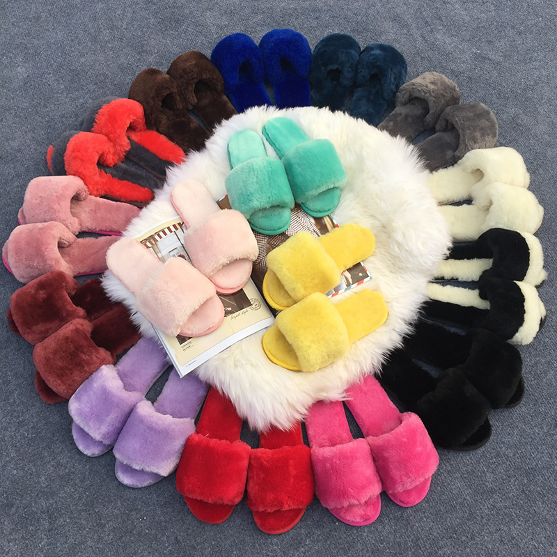 2024 Autumn New Women's Solid Color Furry Flat Open-Toe Casual Slip-On Rubber Sole Home Furry Slippers