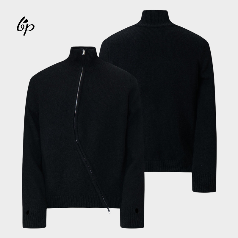 Borrowed Project S-Shaped Curved Double-Zip Sweater, Matte Black Stand-Up Collar Structured Knitwear Jacket