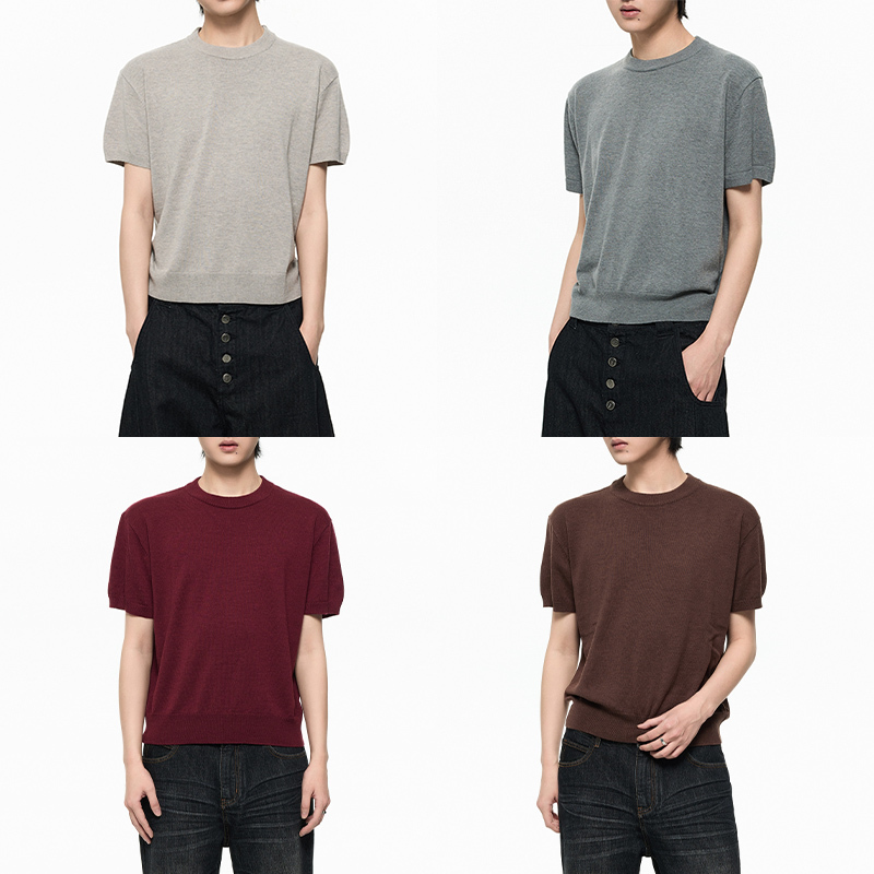 Borrowed Project Ultra-Fine Merino Wool Short-Sleeve Blended Knit Washed Brushed T-Shirt in Eight Colors
