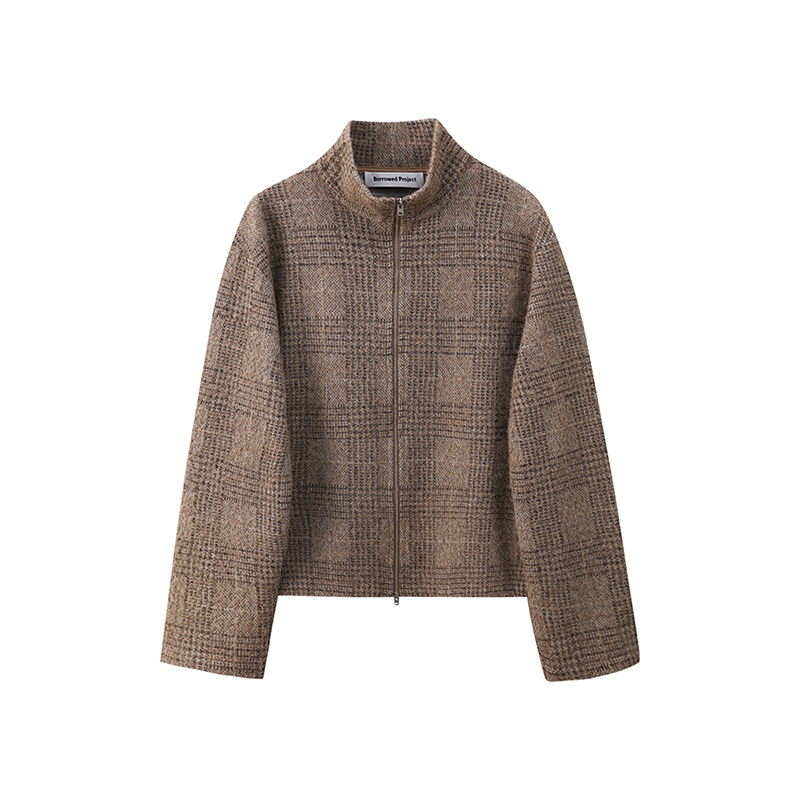 Borrowed Project Houndstooth Pattern Zip-Up Jacket Wool Blend Double Zipper Thin Top Coat Borrowed Project Houndstooth Pattern Zip-Up Jacket Wool Blend Double Zipper Thin Top Coat