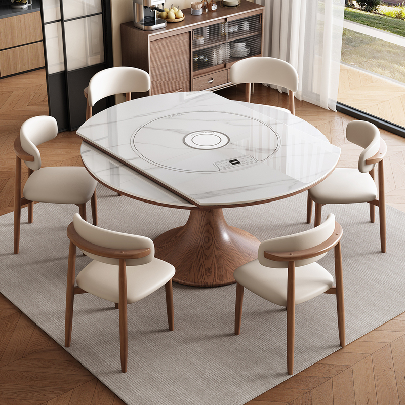 High-End Solid Wood Rock Slab Retractable and Foldable Built-In Induction Cooker Dining Table and Chairs for Home Use in Small Apartments, Dual-Purpose Square and Round Large Round Table High-End Solid Wood Rock Slab Retractable and Foldable Built-In Induction Cooker Dining Table and Chairs for Home Use in Small Apartments, Dual-Purpose Square and Round Large Round Table