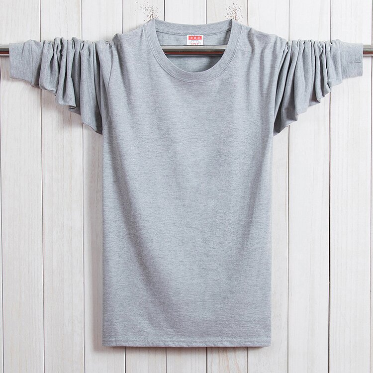 Mùa xuân và mùa thu nam đặc biệt cộng với phân bón XL cotton dài tay áo thun rộng cổ tròn quần áo mùa thu chất béo áo thun áo thun trắng nam