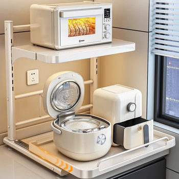 Kitchen microwave oven storage rack pull-out