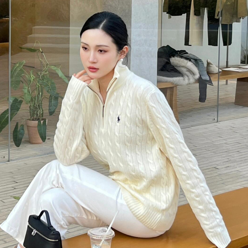 [Original Version Now Available] Pony Logo Wool Half-Zip Knit Sweater for Women, Embroidered Cable Knit Wool Sweater for Men, Early Autumn