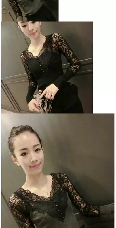 Mùa xuân 2018 mới thu hút áo thun dài tay gợi cảm áo thun nữ cổ chữ V hoang dã ren mỏng chạm đáy áo cổ lọ