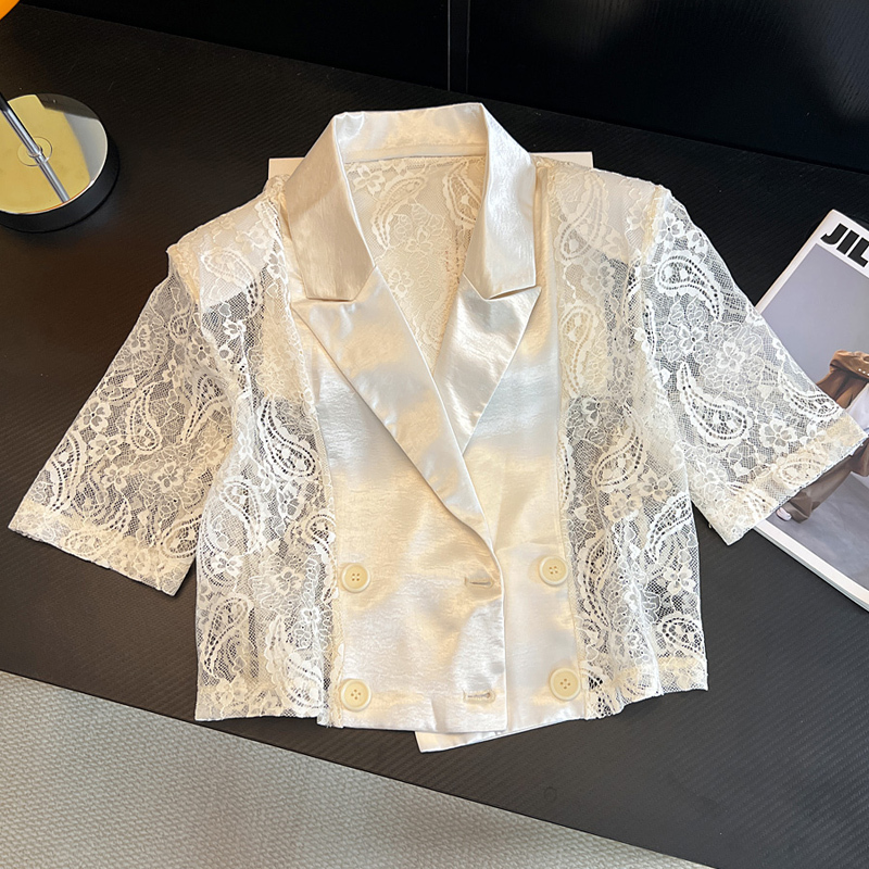 High-End Suit Collar Patchwork Double-Breasted Padded Shoulder Short Lace-Up Hollow-Out Slightly Sheer Lace Versatile Shirt for Women