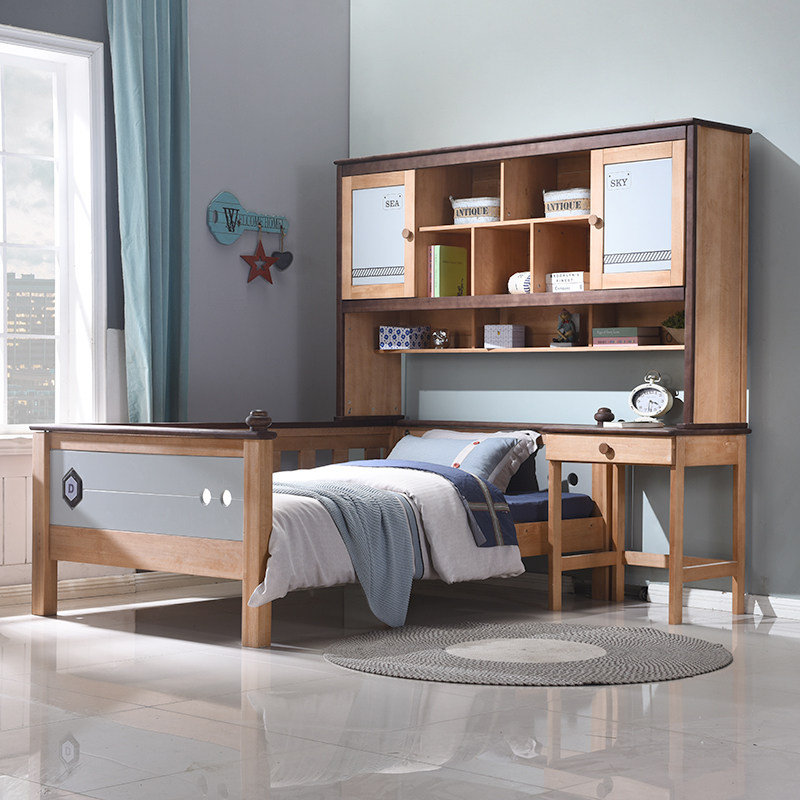 Full Solid Wood Walnuts Wood Wardrobe Bed Children Small Family Type Turnkey With Bookcase Desk Combination Integrated Bed Wood Wax Oil