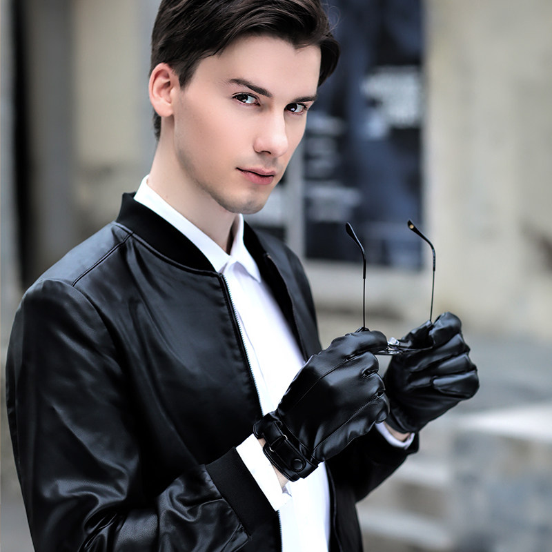 Leather Gloves for Men, Winter Cycling, Fleece-Lined, Thickened, Warm, Windproof, Waterproof, Touchscreen, Winter Motorcycle Riding Gloves