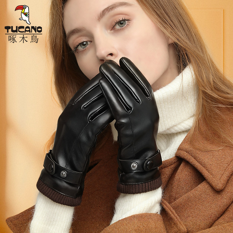 Woodpecker leather gloves for women, winter warmth, fleece lining, thickened, windproof and cold-proof, touchscreen electric bike riding gloves for women.