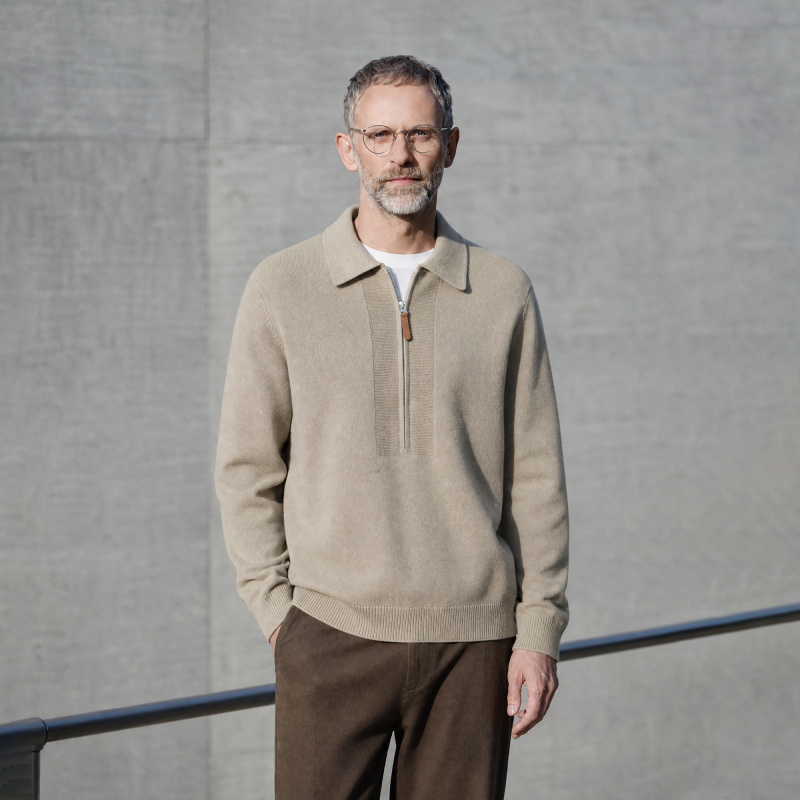 Edot [Contains Lyocell Cashmere] Half-Zip Polo Collar Sweater for Men, Autumn Turn-Down Collar Pullover Knitwear