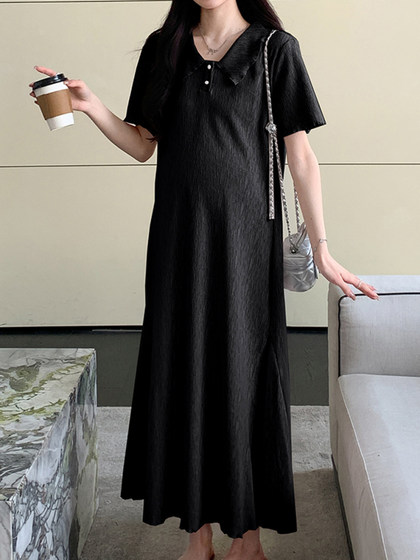 孕妇裙子2025夏装时尚肌理感翻领宽松显瘦辣妈长裙夏季薄款连衣裙