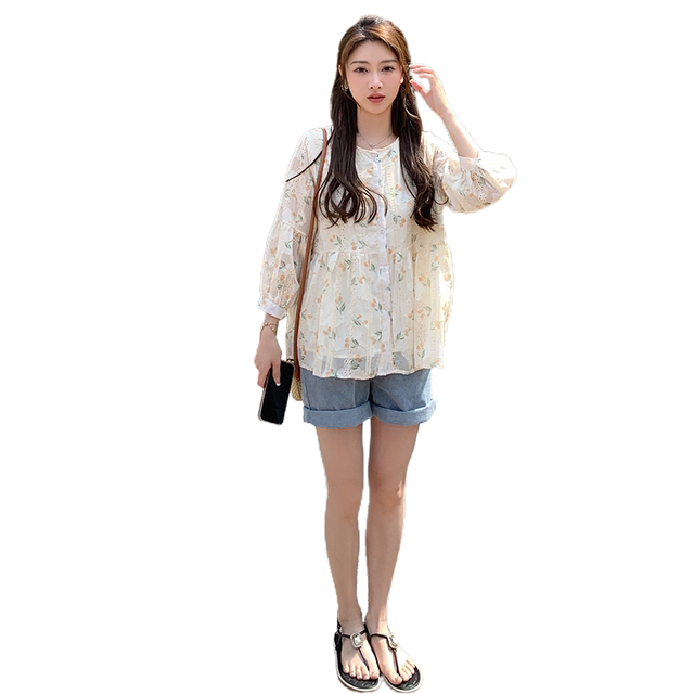 ເສື້ອຄຸມແມ່ໃນລະດູຮ້ອນ jacquard lace top loose belly-covering baby doll skirt summer floral shirt for pregnancy women
