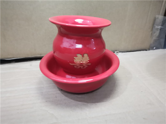 结婚用品陶瓷嫁妆子孙桶二件套迷你子孙宝桶女家陪嫁摆件脸盆水桶