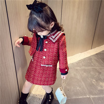 Girls small fragrant style suit Korean spring style red thick plus velvet childrens two-piece female baby princess skirt