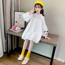 Girls dress 2021 spring and autumn solid color A- line dress Korean version of Japanese fresh foreign air long sleeve embroidered cotton skirt