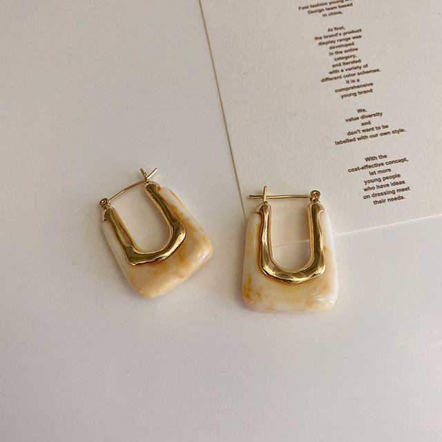 Beige Square Earrings & 925 Silver Needle & Gold PlatingSilver needle French Retro geometry Metal resin Earrings female the republic of korea temperament personality fashion Ear Studs Earrings Cold wind