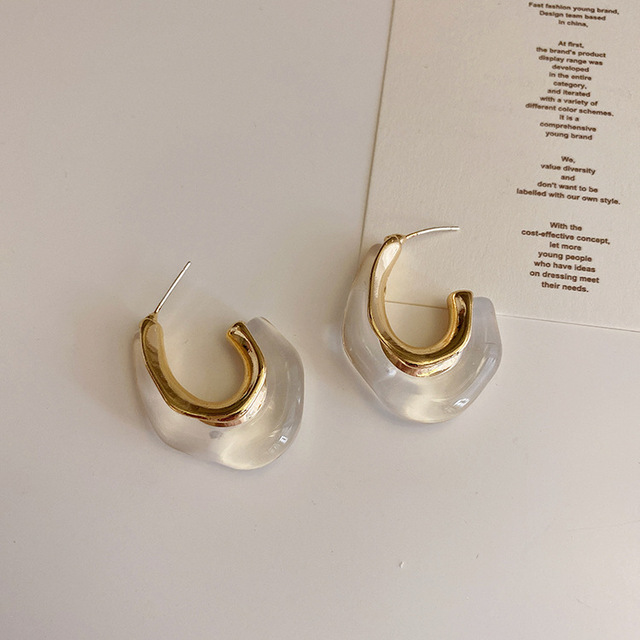 Transparent Irregular Earrings & 925 Silver Needle & Gold PlatingSilver needle French Retro geometry Metal resin Earrings female the republic of korea temperament personality fashion Ear Studs Earrings Cold wind