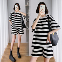 Pregnant Woman Summer Clothing Suit Jacket Blouse Summer Fashion Stripes Loose Round Collar T-shirt Pregnant Woman Shorts Two Sets Dress Dress