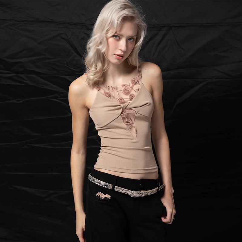 Lichun Designer Brand Stereo Rose Lace Vest for Women Pure Desire Bow Cut Out Knitted Top Summer