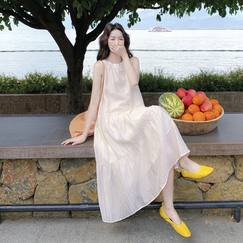 Bohemian Rainbow-Colored Striped Sleeveless Dress Summer Long Dress Dopamine Bright Vacation Yunnan Tingdail