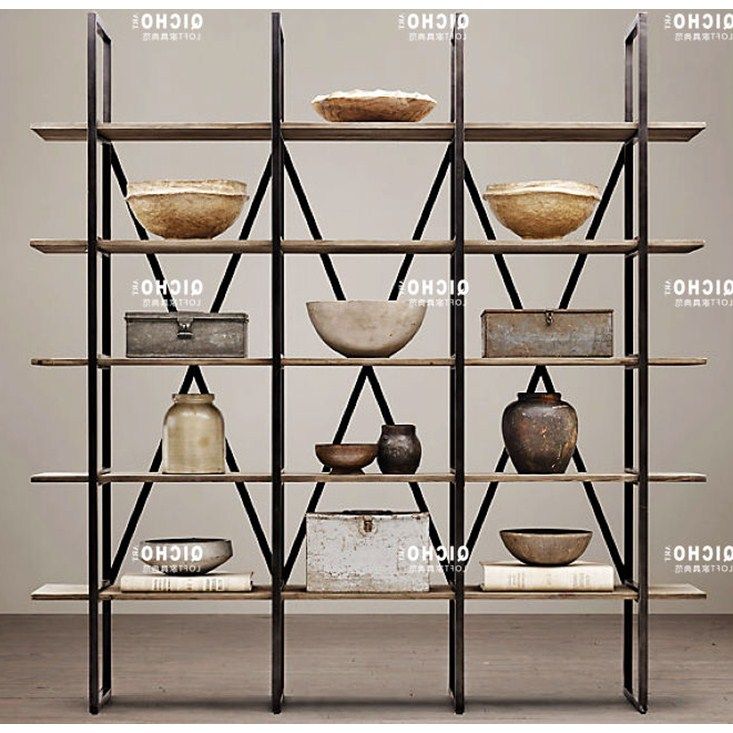American retro furniture wrought iron solid wood rack bookshelf display rack display storage rack display rack