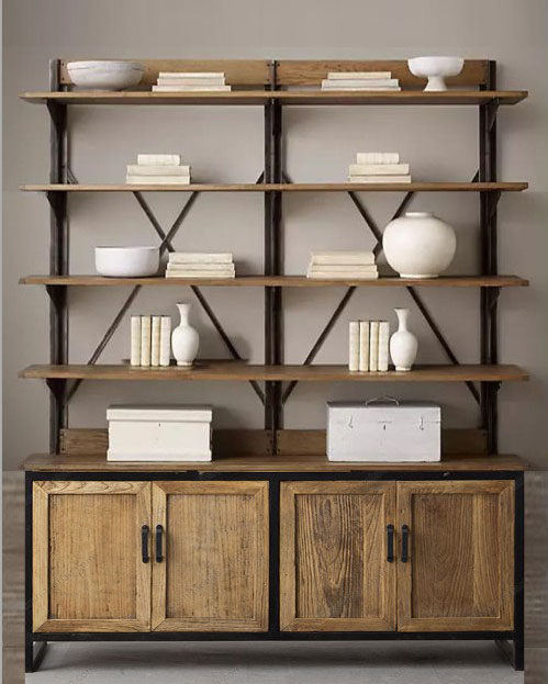 Loft American retro rack solid wood wrought iron bookshelf shelf floor industrial wind office bookcase storage cabinet