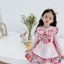 Spot ST same style girls jam sugar jar printed maid fake two-piece dress with bowknot bottoming shirt