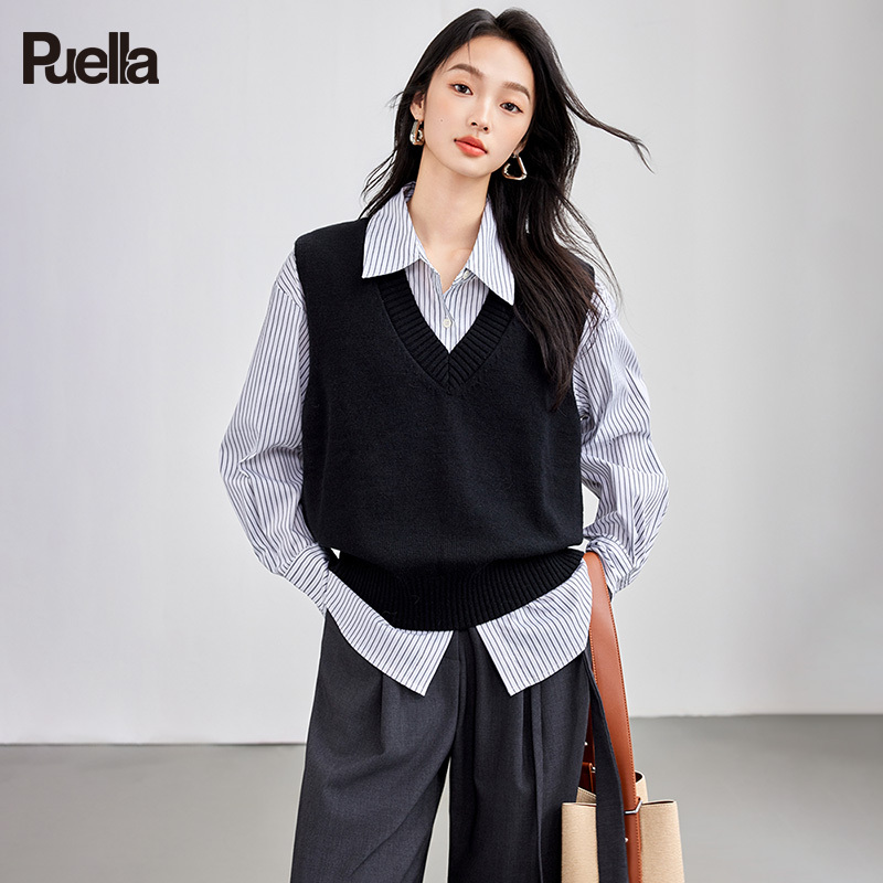 La Chapelle Puella 2026 Spring Commuting Style Striped Shirt Knitted Sleeveless Vest Sweater Two-Piece Set