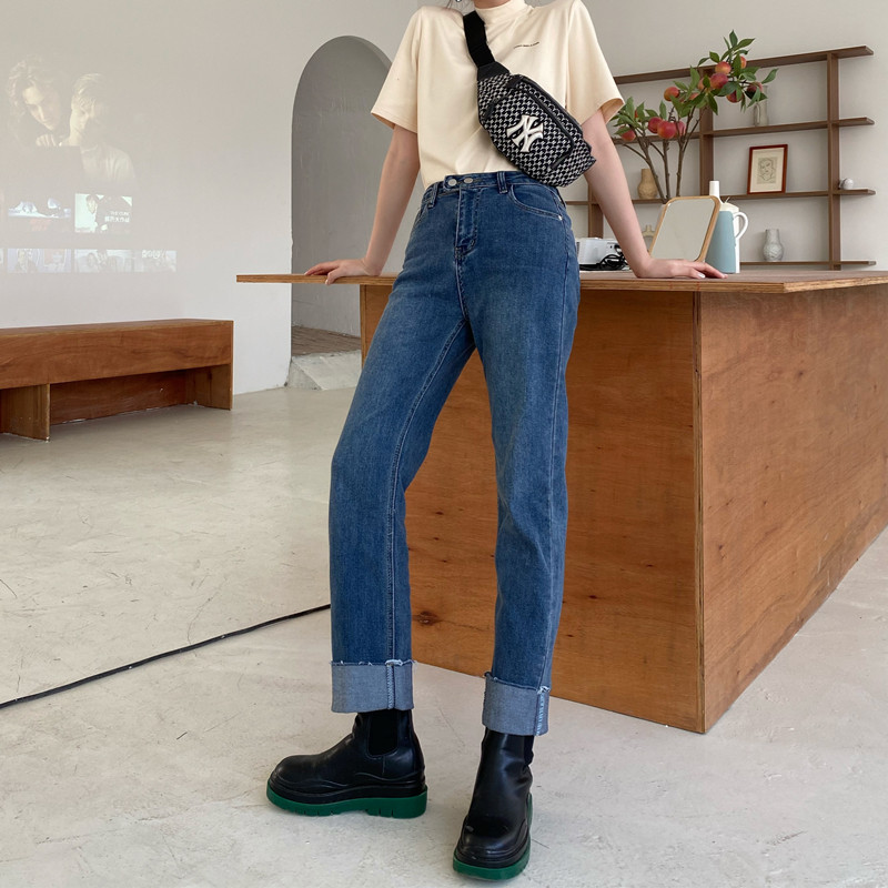 Lengthened 175 jeans tall women's retro double buckle high waist flanging elastic straight pipe nine-point pants autumn and winter