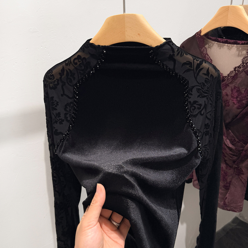 Black Velvet Spliced Mesh Flocking Half-High Collar Base Shirt for Women, Spring and Autumn Slim Fit Outerwear, Long-Sleeved Top for Layering
