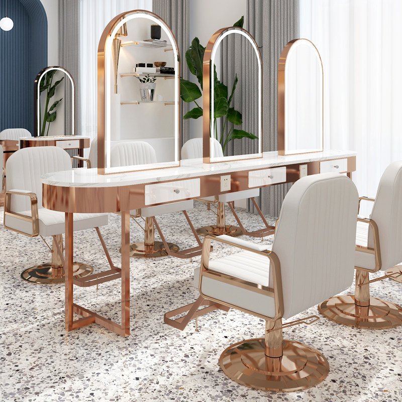 Net red hair salon Stainless steel marble mirror table Hair salon single-sided mirror Hair salon special hot dyeing table with lamp