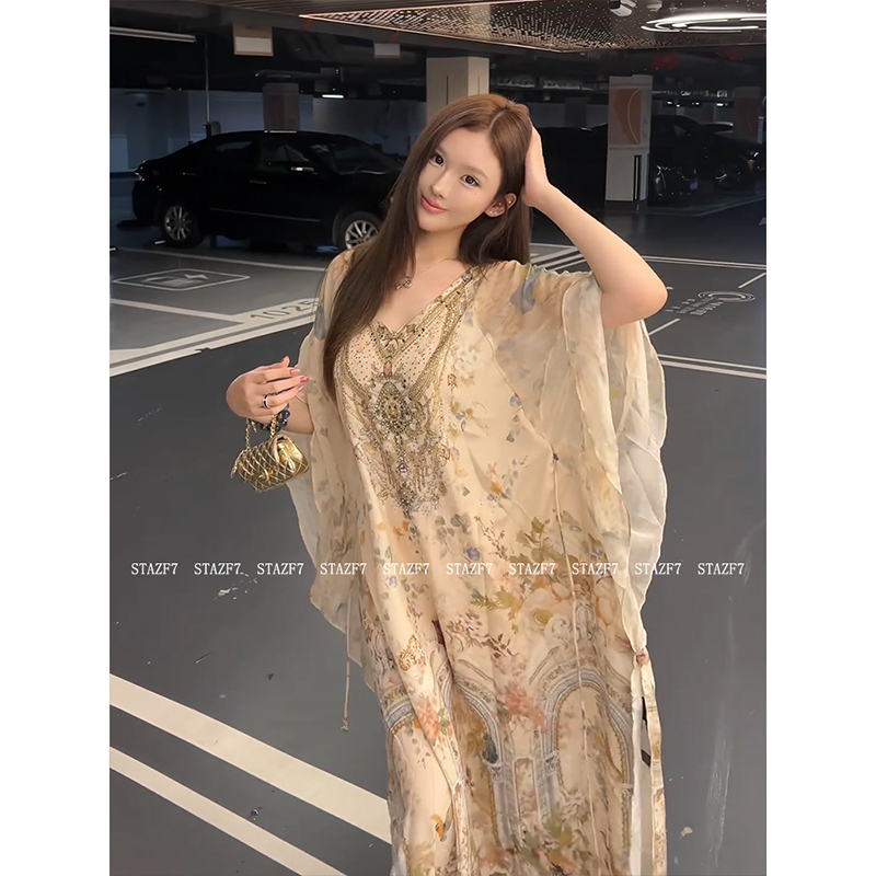Yumeiko Stazf7 French-Style Heavy-Duty V-Neck Rhinestone Loose Floral Dress for Women, Summer Vintage Batwing Sleeve Vacation Long Dress