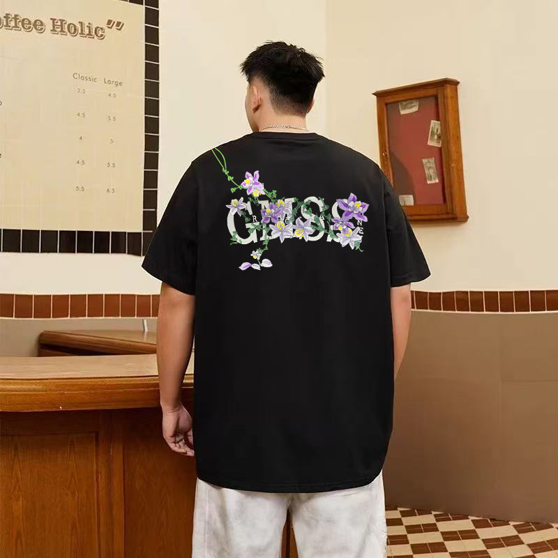 Gms Vine Floral Embroidery Short-Sleeve T-Shirt for Men, 2025 Summer, Plus Size, Oversized, Trendy Brand Half-Sleeve for Big and Tall Men