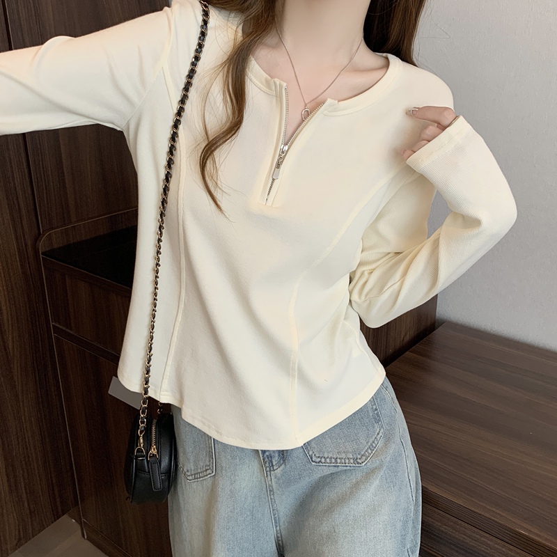 Women's Regular Shoulder T-Shirt with Half-Zip, Spring and Autumn Style, Plus Size Women's Clothing, Long-Sleeved Base Shirt, V-Neck, Tummy-Covering, Slimming Top Women's Regular Shoulder T-Shirt with Half-Zip, Spring and Autumn Style, Plus Size Women's Clothing, Long-Sleeved Base Shirt, V-Neck, Tummy-Covering, Slimming Top