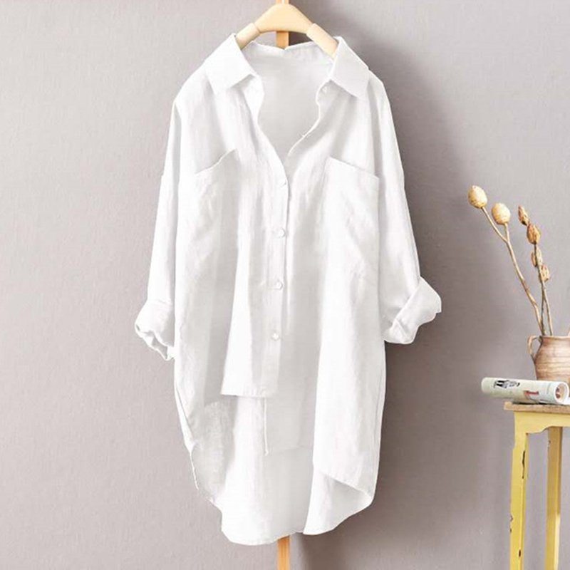 Designed Shirt for Women, Cotton and Linen, Mid-Length, Spring and Autumn, Plus Size, Loose Fit, Long-Sleeved, White, Lazy Style Shirt