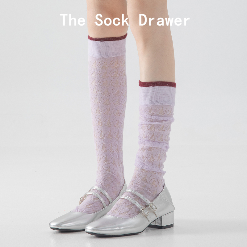 Miu Ballet-Style Purple Calf Socks for Women, New Spring and Autumn Hollow Mesh College Style Long Tube Slouch Socks
