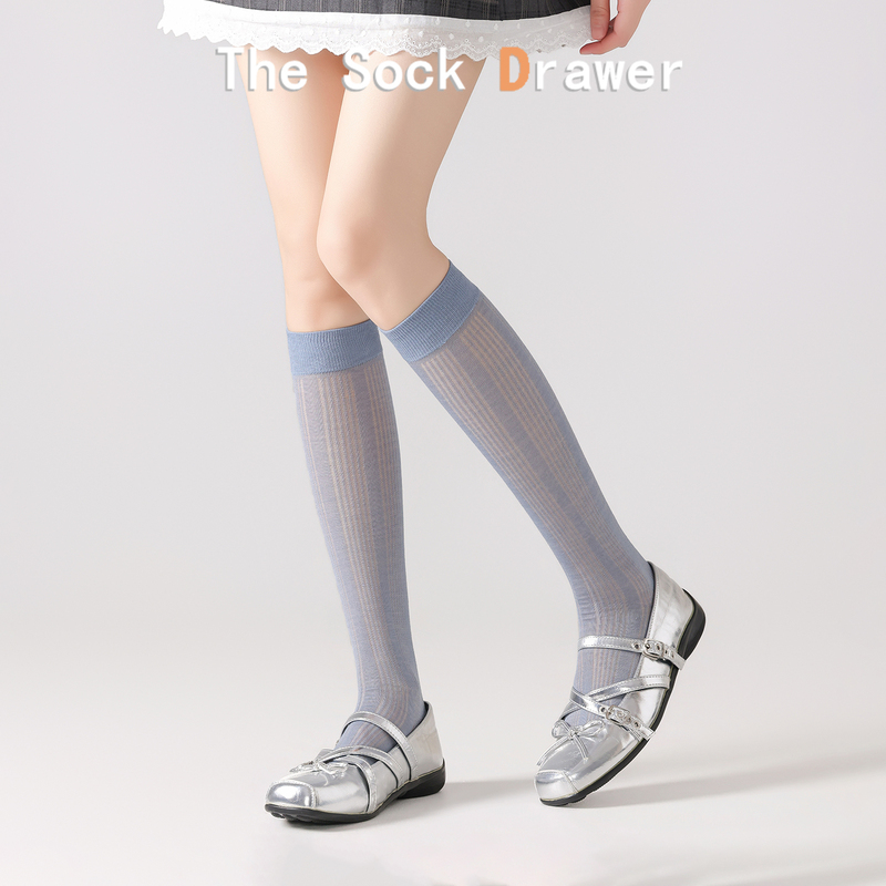 Haze Blue Vertical Striped Thin Slouch Socks for Women, Summer Miu Style Solid Color Slimming Versatile Calf Socks and Knee-High Socks Haze Blue Vertical Striped Thin Slouch Socks for Women, Summer Miu Style Solid Color Slimming Versatile Calf Socks and Knee-High Socks