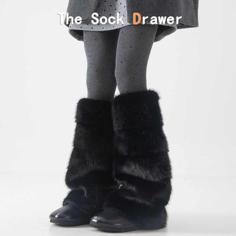 Black Plush Sock Covers for Women, Thickened and Warm, American-Style Loose Wide-Leg Anti-Rabbit Fur Long Tube Layered Stacked Sock Leg Warmers