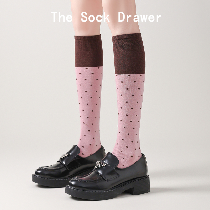 Micro-Pressure Slimming Pink Calf Socks for Women, New Spring and Autumn Polka Dot Color-Blocked Long Tube Slouch Socks to Pair with Loafers