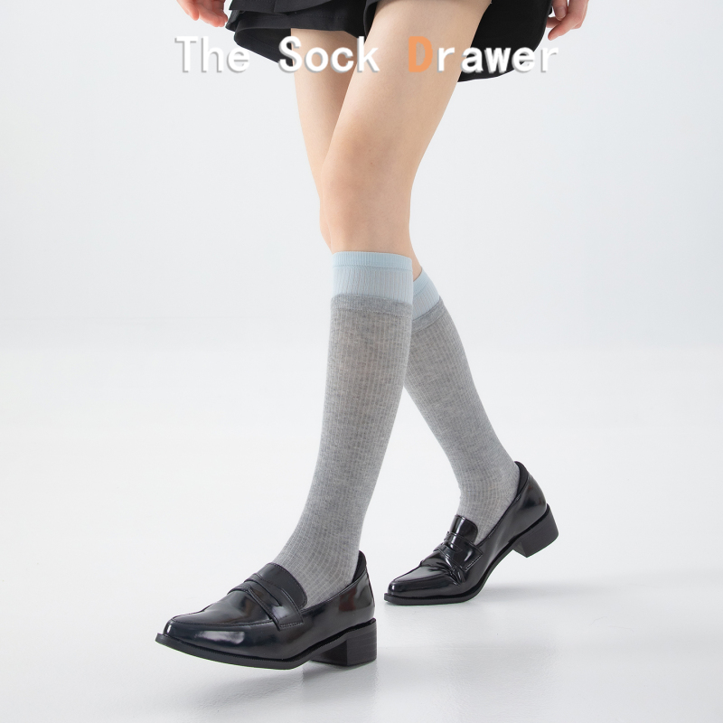 Japanese Retro College Style Calf Socks Paired with Loafers, Color-Blocking Vertical Stripe Design, Summer Thin Style Slouch Socks, Long Socks