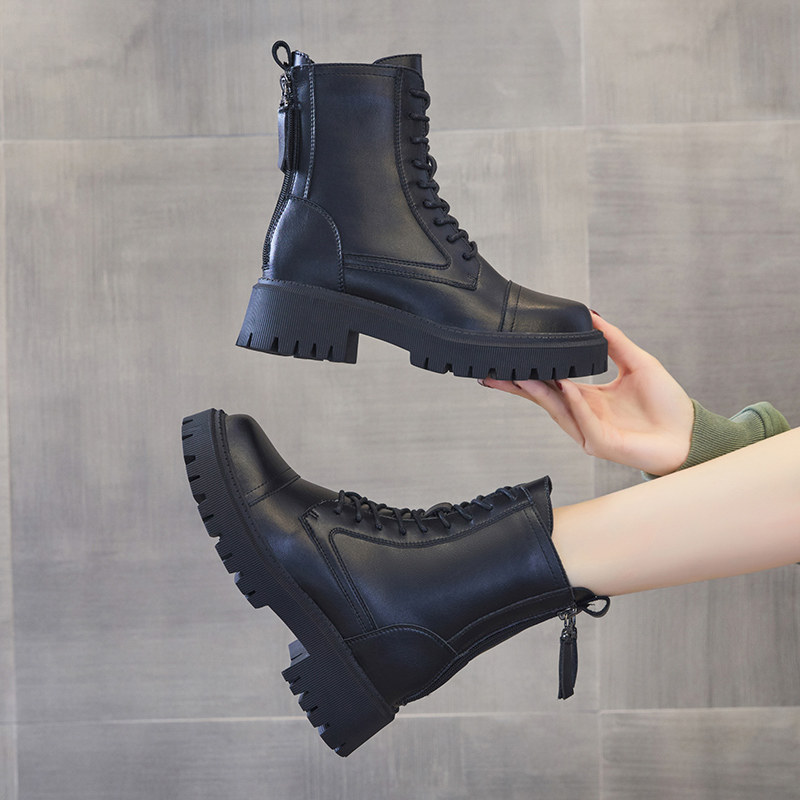 Tide brand 2022 autumn and winter new leather Martin boots thick heel plus velvet single boots retro high heel British round toe short boots women